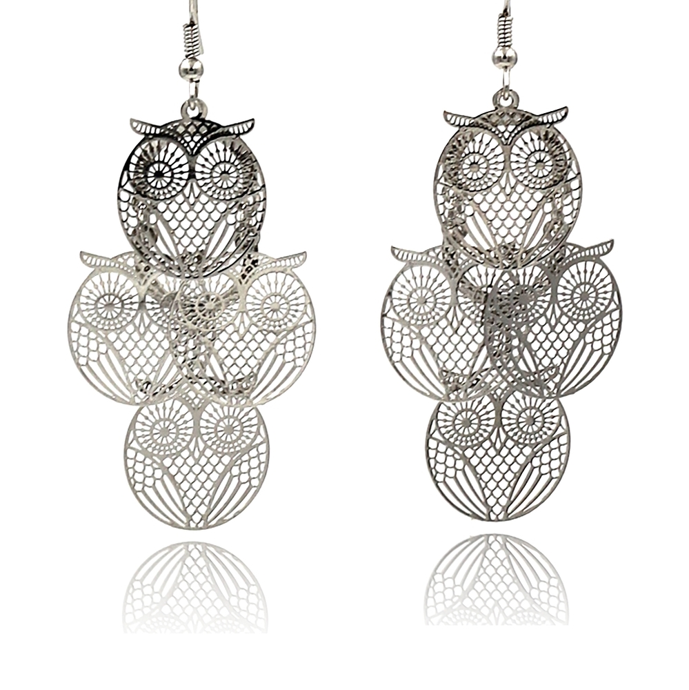 Silver elegant long owl earrings